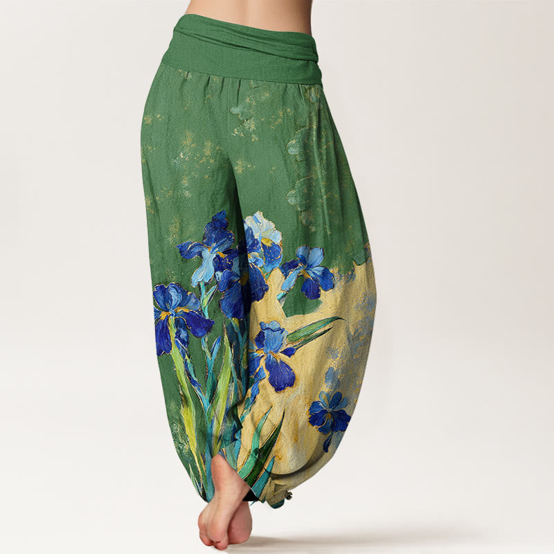 Nimara Ritual Irises Pattern Pure Cotton Women's Elastic Waist Harem Pants