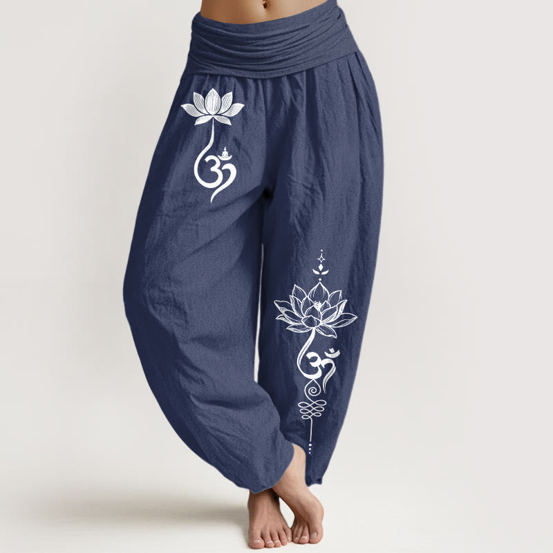 Nimara Ritual Cotton Lotus Flower Om Pattern Women's Elastic Waist Harem Pants