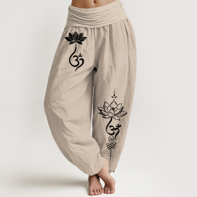 Nimara Ritual Cotton Lotus Flower Om Pattern Women's Elastic Waist Harem Pants