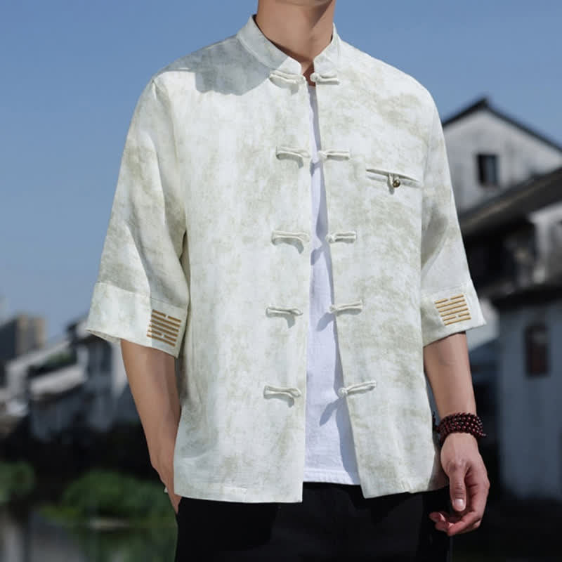Nimara Ritual Frog-Button Mottled Pattern Embroidery Short Sleeve Tang Suit Men's Linen Shirt