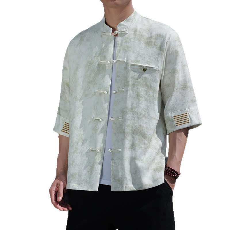Nimara Ritual Frog-Button Mottled Pattern Embroidery Short Sleeve Tang Suit Men's Linen Shirt