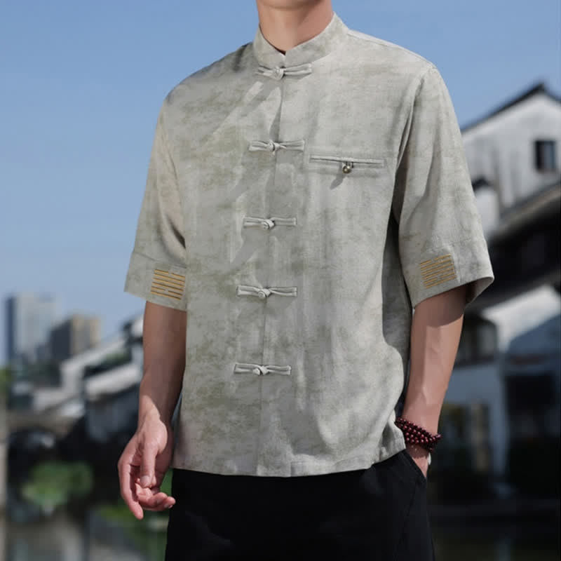 Nimara Ritual Frog-Button Mottled Pattern Embroidery Short Sleeve Tang Suit Men's Linen Shirt