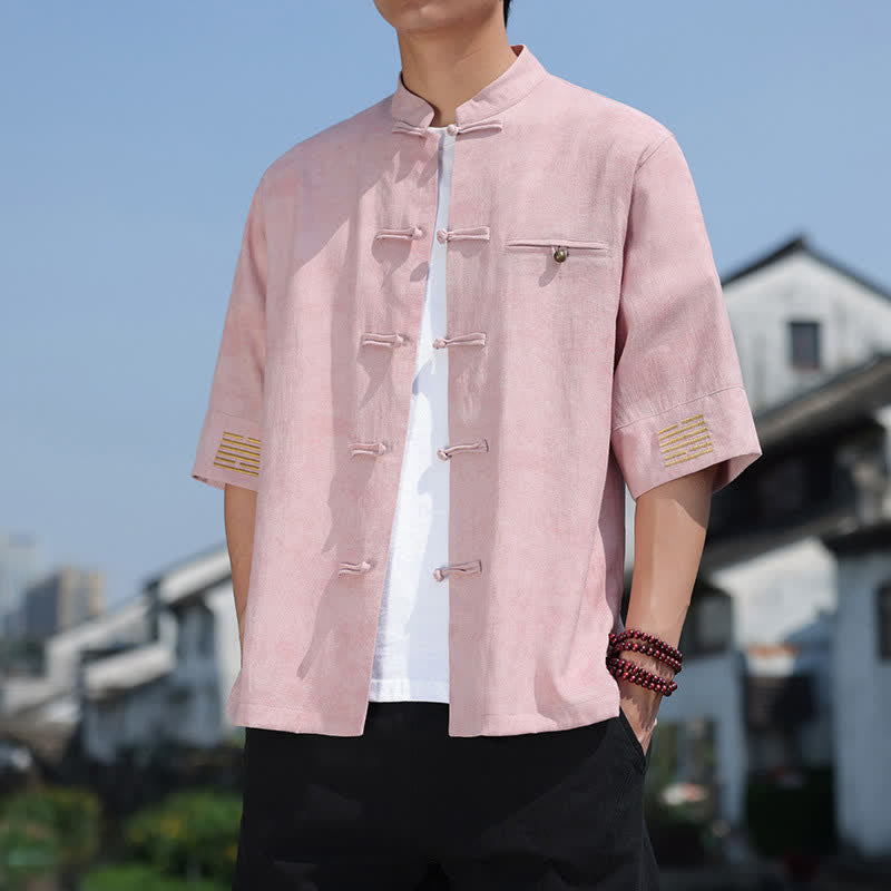 Nimara Ritual Frog-Button Mottled Pattern Embroidery Short Sleeve Tang Suit Men's Linen Shirt