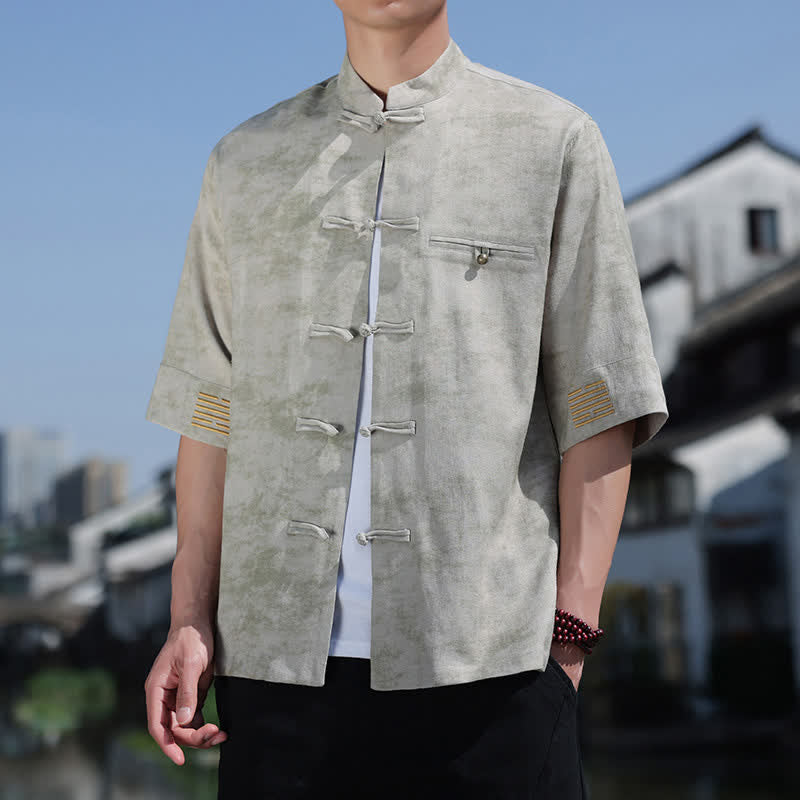 Nimara Ritual Frog-Button Mottled Pattern Embroidery Short Sleeve Tang Suit Men's Linen Shirt