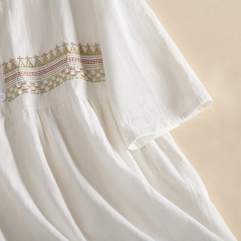 Nimara Ritual Embroidery Geometry Half Sleeve Women's Midi Dress With Pockets