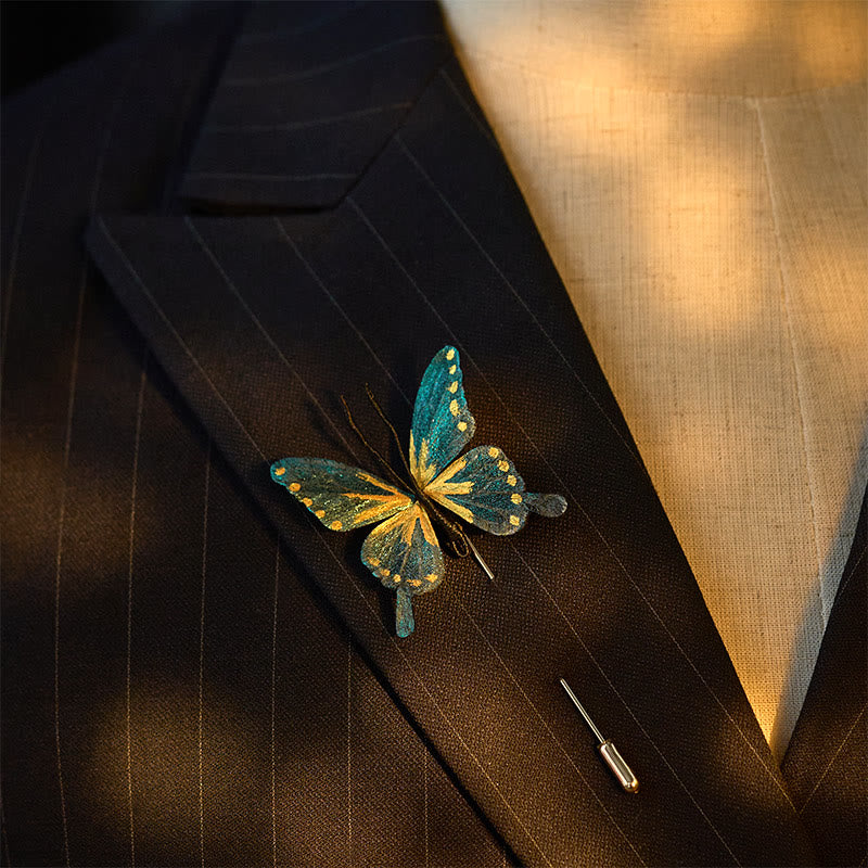 Nimara Ritual Handcrafted Silk Art Velvet Flower Golden Blue Butterfly Brooch