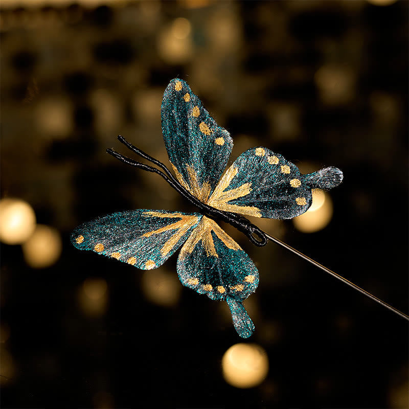 Nimara Ritual Handcrafted Silk Art Velvet Flower Golden Blue Butterfly Brooch