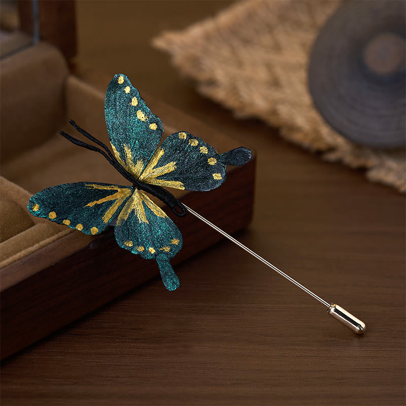 Nimara Ritual Handcrafted Silk Art Velvet Flower Golden Blue Butterfly Brooch