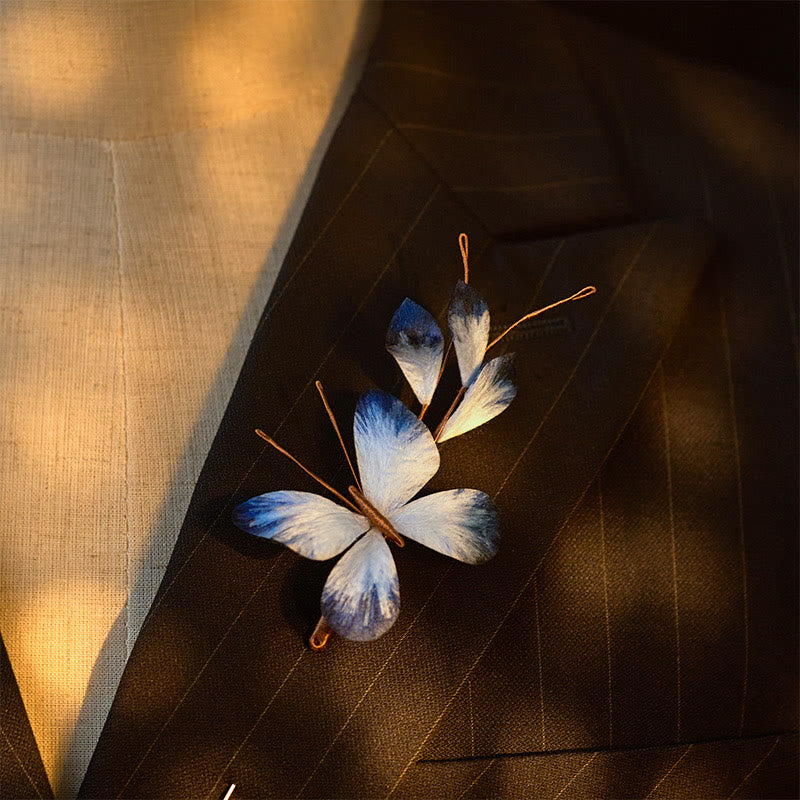 Nimara Ritual Handcrafted Silk Art Velvet Flower White Butterfly Brooch
