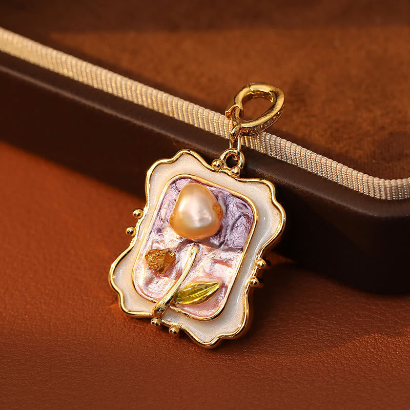 Nimara Ritual Flower Oil Painting Pearl Copper Healing Necklace Pendant