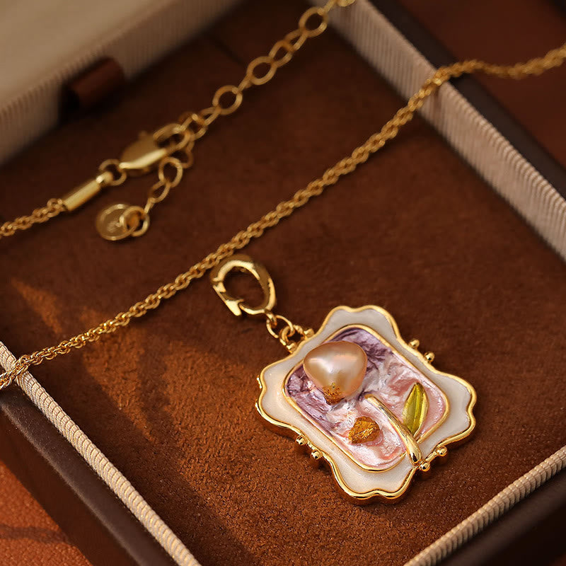 Nimara Ritual Flower Oil Painting Pearl Copper Healing Necklace Pendant