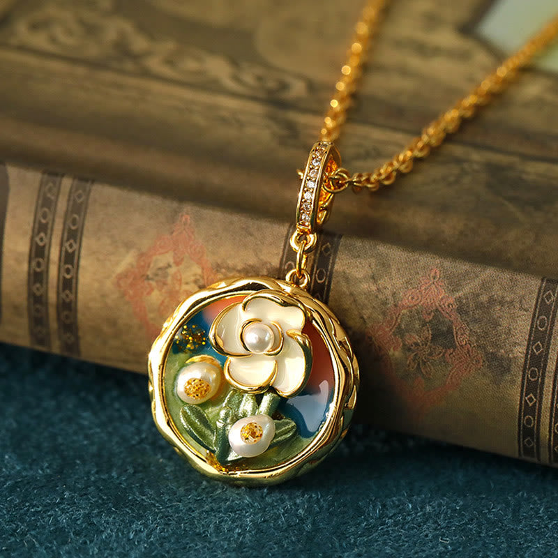 Nimara Ritual Retro Round Oil Painting Flower Design Copper Wealth Necklace Pendant