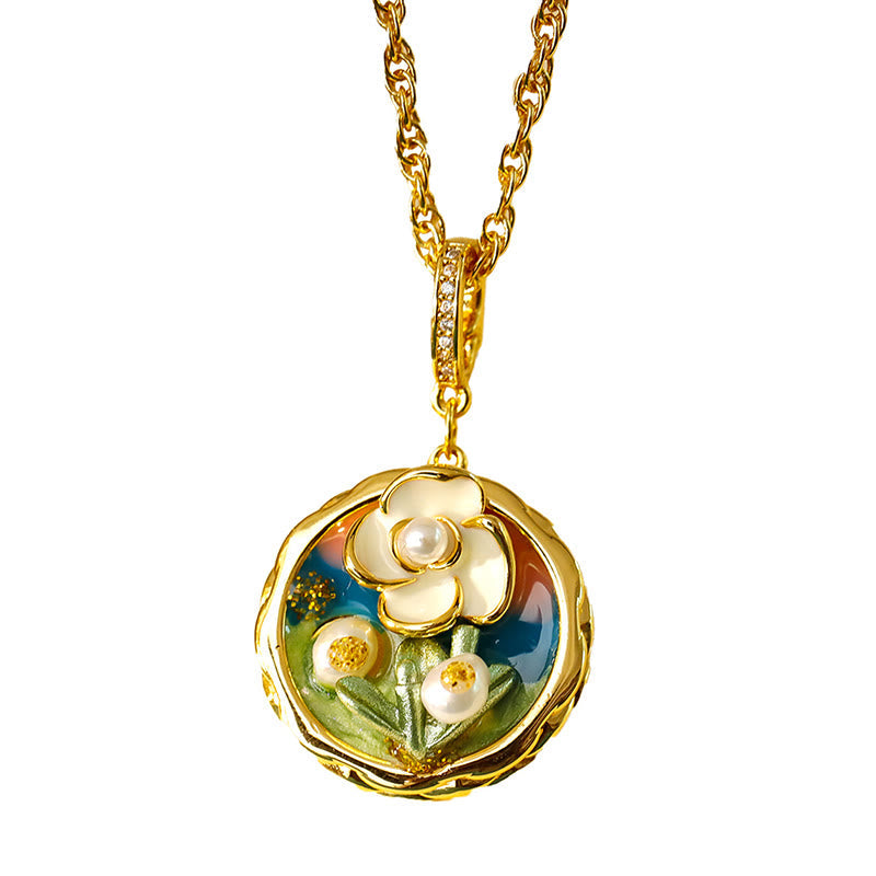 Nimara Ritual Retro Round Oil Painting Flower Design Copper Wealth Necklace Pendant