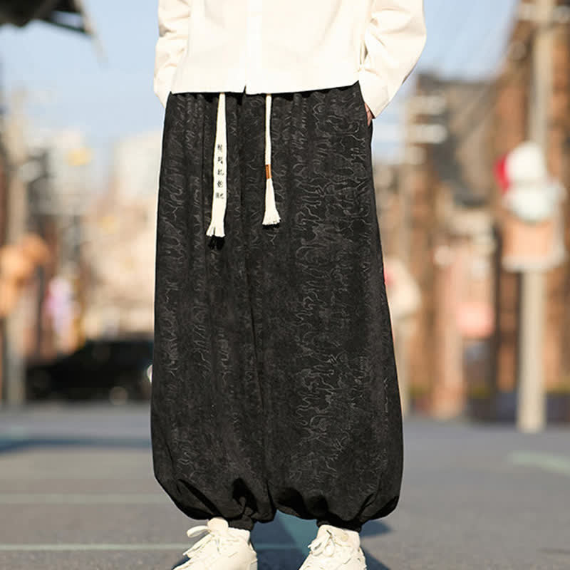 Nimara Ritual Black Jacquard Drawstring Elastic Cuff Men's Harem Pants With Pockets