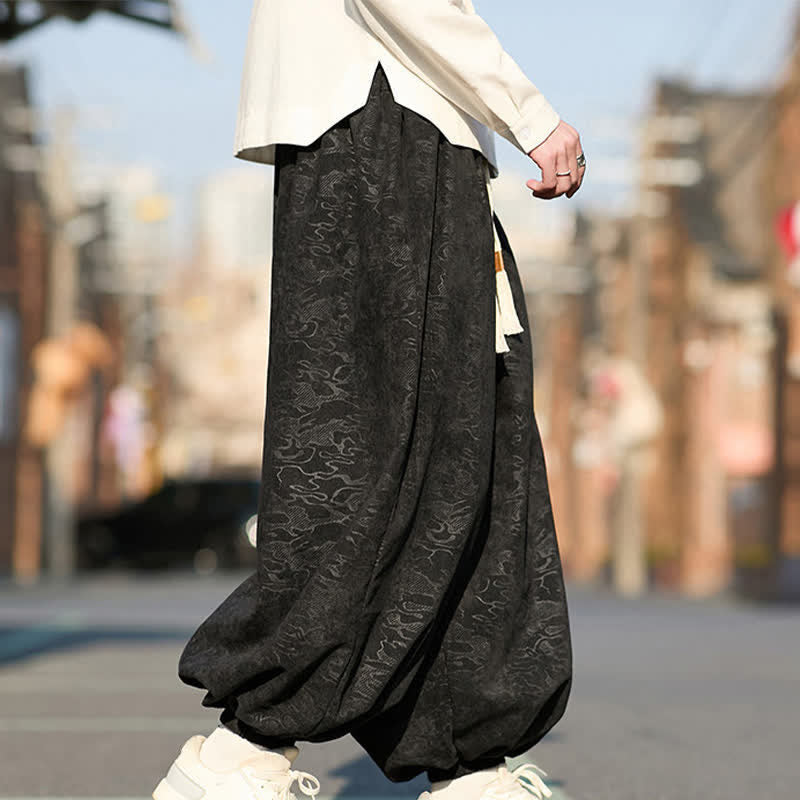 Nimara Ritual Black Jacquard Drawstring Elastic Cuff Men's Harem Pants With Pockets