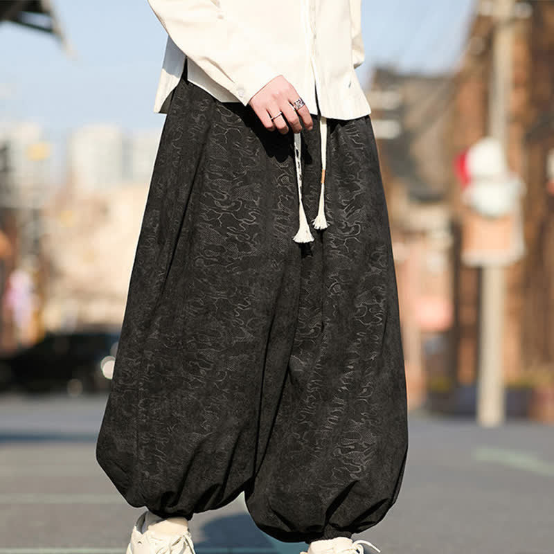 Nimara Ritual Black Jacquard Drawstring Elastic Cuff Men's Harem Pants With Pockets