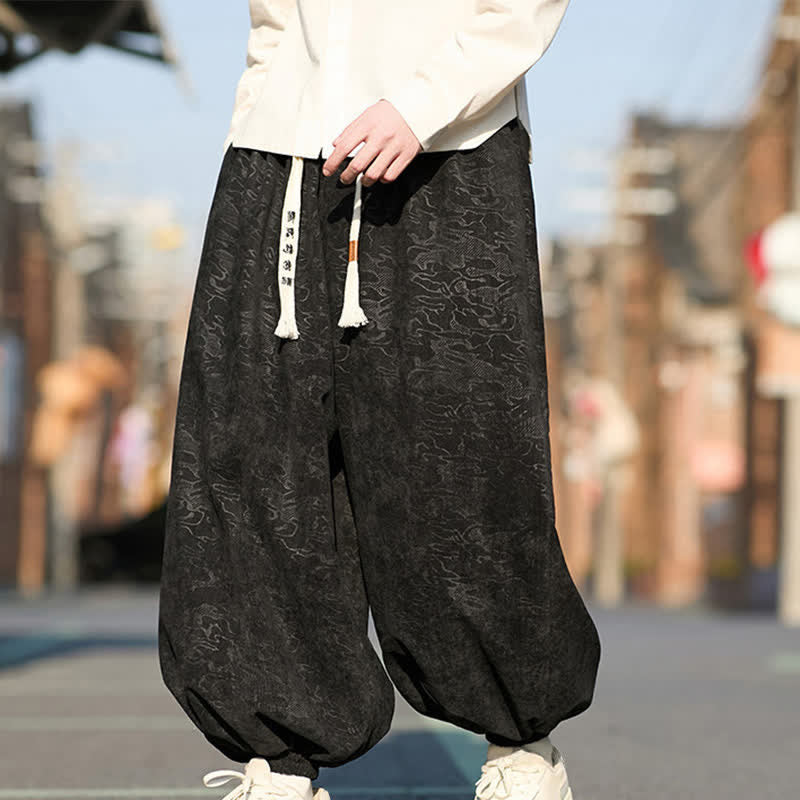 Nimara Ritual Black Jacquard Drawstring Elastic Cuff Men's Harem Pants With Pockets
