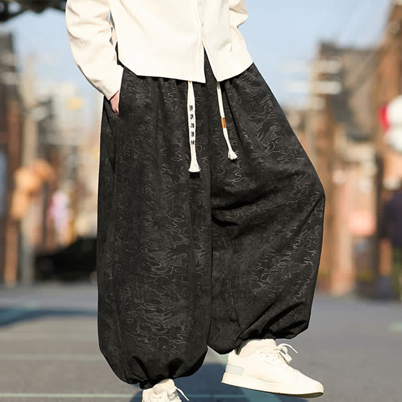 Nimara Ritual Black Jacquard Drawstring Elastic Cuff Men's Harem Pants With Pockets