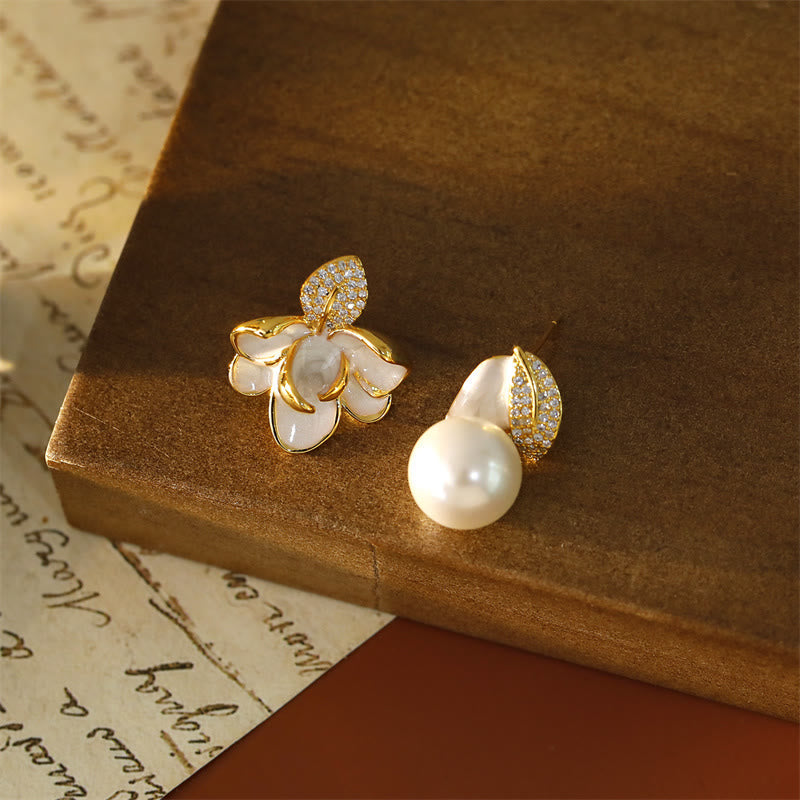 Nimara Ritual Camellia Flower Zircon Copper Luck Stud Earrings