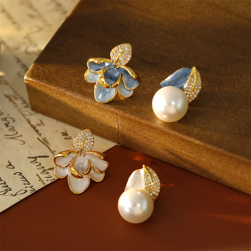 Nimara Ritual Camellia Flower Zircon Copper Luck Stud Earrings