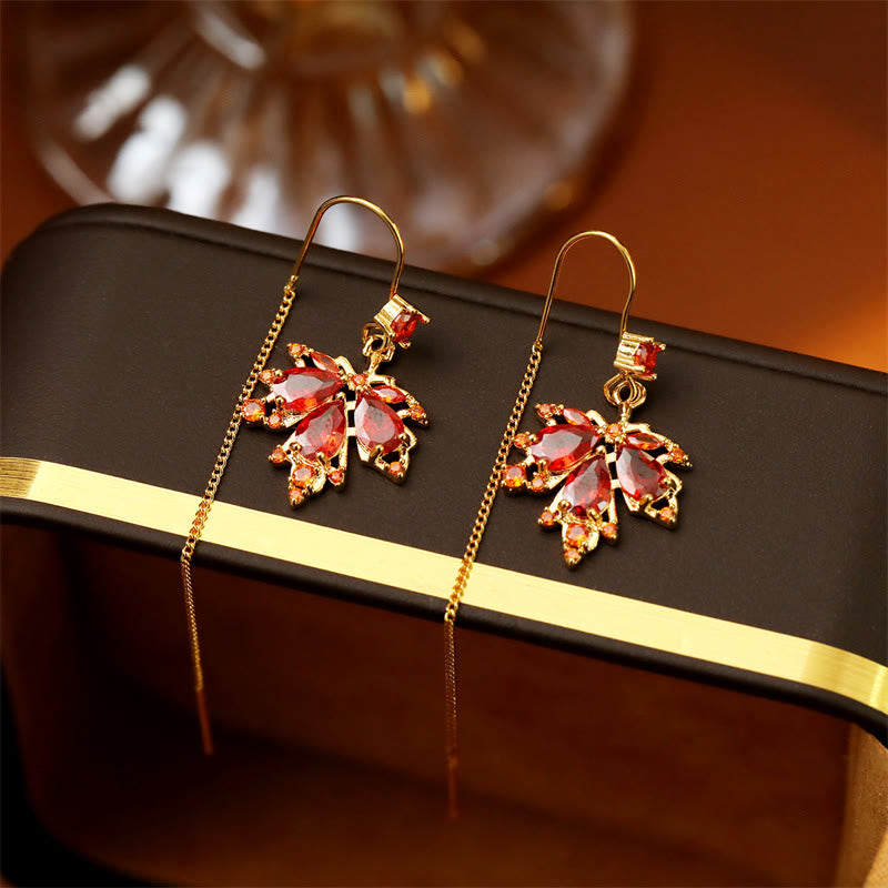 Nimara Ritual Maple Leaf Red Zircon Copper Luck Drop Dangle Earrings