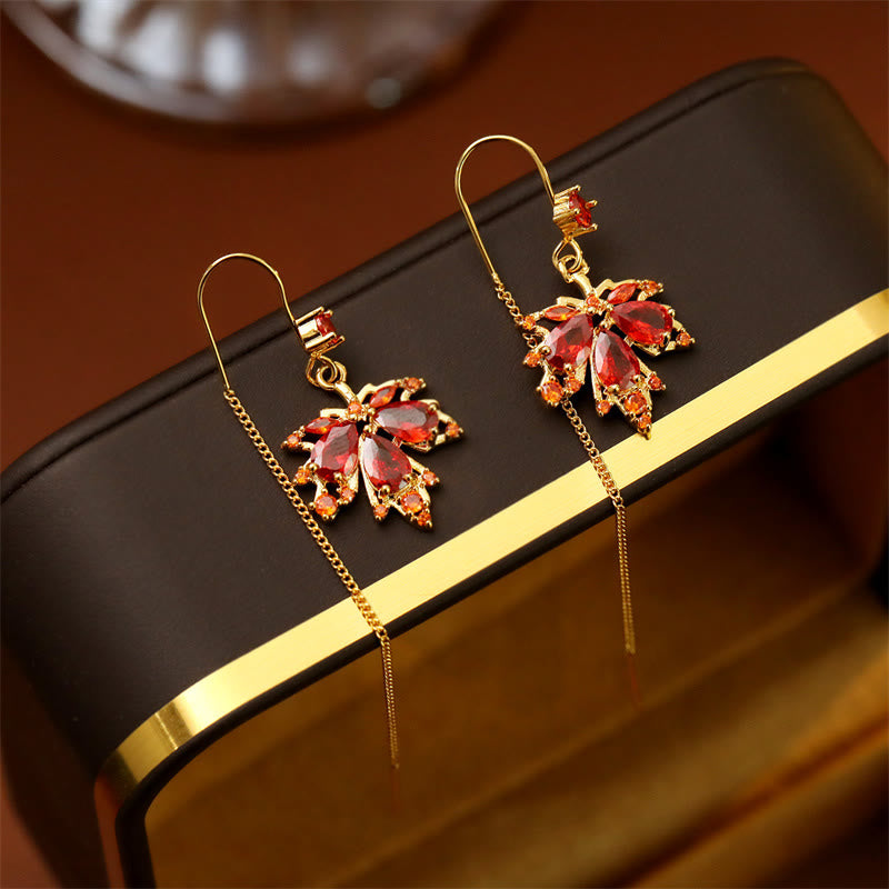 Nimara Ritual Maple Leaf Red Zircon Copper Luck Drop Dangle Earrings