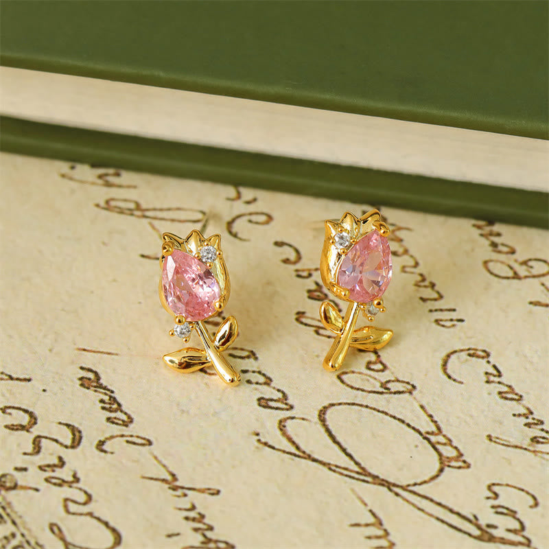 Nimara Ritual Pink Purple Tulip Zircon Copper Healing Stud Earrings