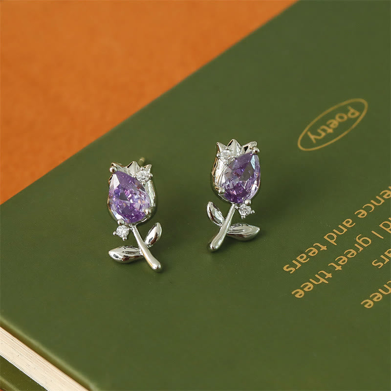 Nimara Ritual Pink Purple Tulip Zircon Copper Healing Stud Earrings