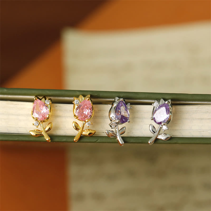 Nimara Ritual Pink Purple Tulip Zircon Copper Healing Stud Earrings