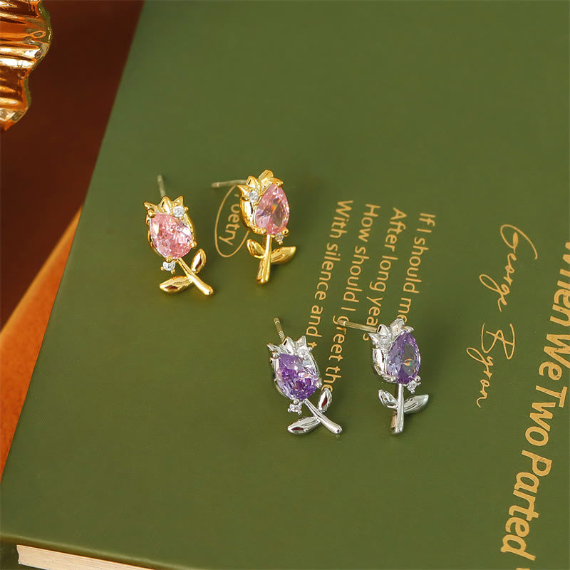 Nimara Ritual Pink Purple Tulip Zircon Copper Healing Stud Earrings