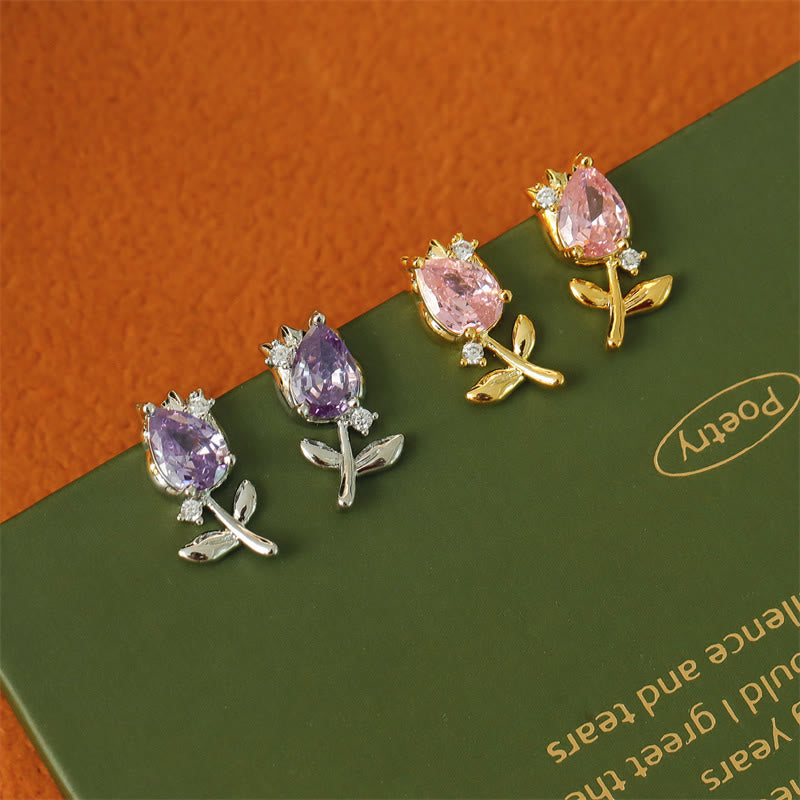 Nimara Ritual Pink Purple Tulip Zircon Copper Healing Stud Earrings