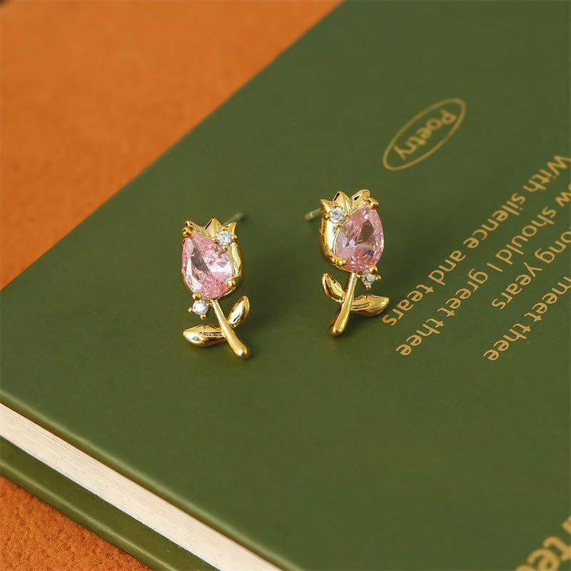 Nimara Ritual Pink Purple Tulip Zircon Copper Healing Stud Earrings
