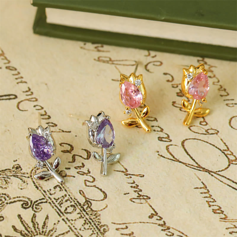 Nimara Ritual Pink Purple Tulip Zircon Copper Healing Stud Earrings