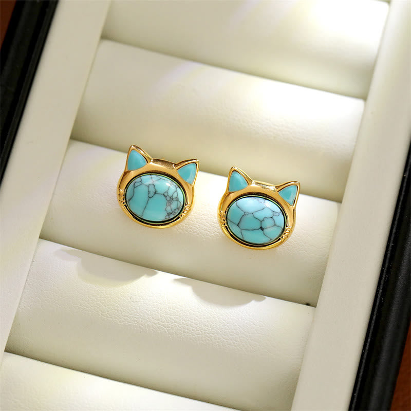 Nimara Ritual Turquoise Tiger Eye Cat Head Design Copper Protection Stud Earrings