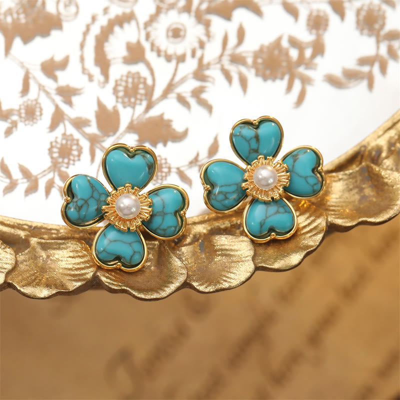 Nimara Ritual Turquoise Love Heart Flower Copper Healing Stud Earrings