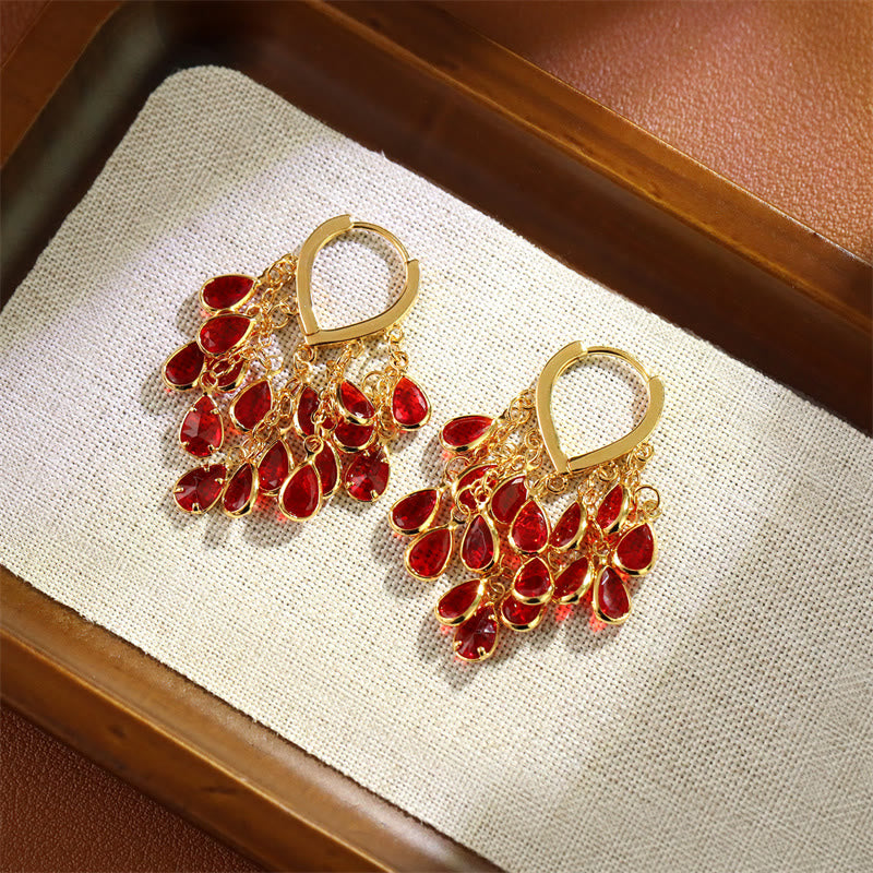 Nimara Ritual Red Water Droplet Tassel Healing Copper Hoop Earrings