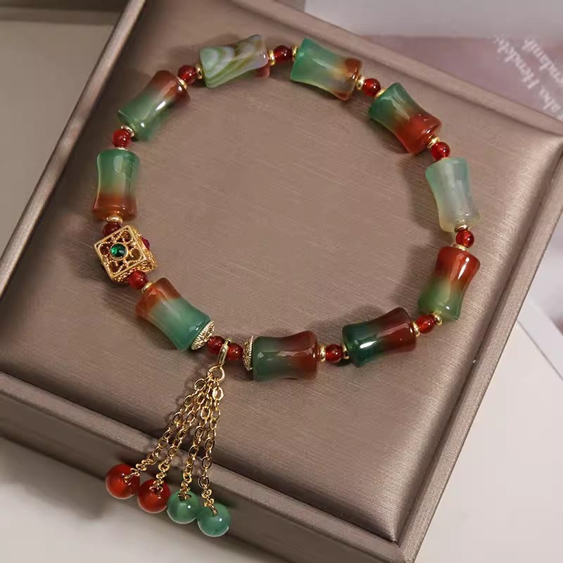 Nimara Ritual Colorful Peacock Agate Bamboo Beads Tassel Courage Bracelet