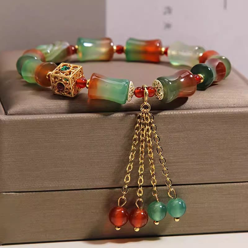 Nimara Ritual Colorful Peacock Agate Bamboo Beads Tassel Courage Bracelet