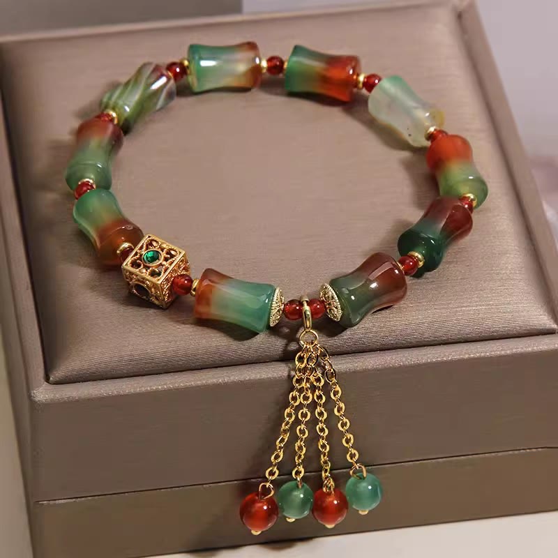 Nimara Ritual Colorful Peacock Agate Bamboo Beads Tassel Courage Bracelet