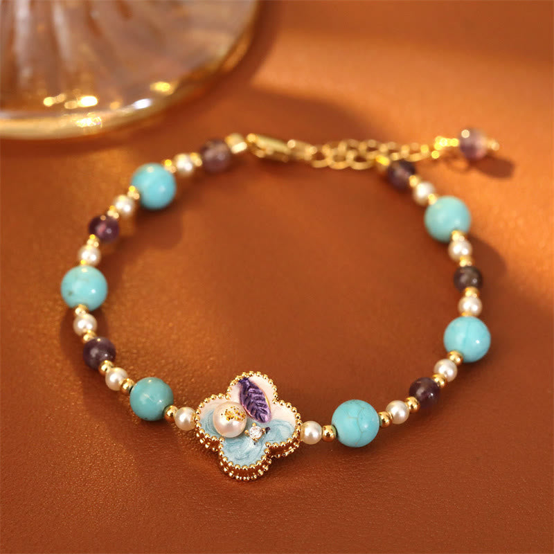 Nimara Ritual Pearl Turquoise Beads Flower Design Copper Luck Chain Bracelet
