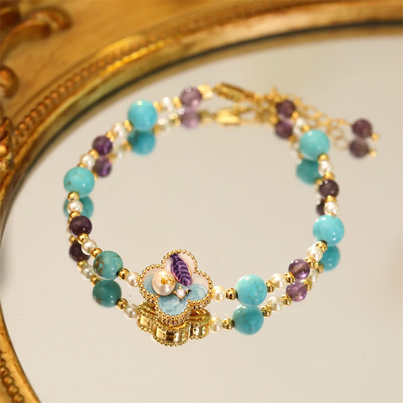Nimara Ritual Pearl Turquoise Beads Flower Design Copper Luck Chain Bracelet