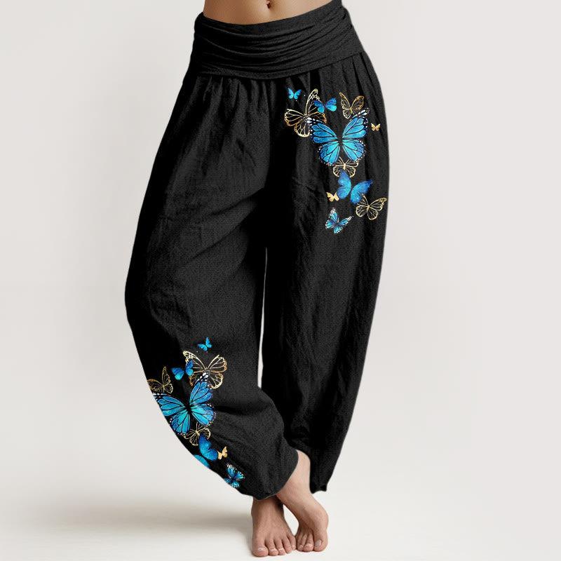 Nimara Ritual Cotton Butterfly Pattern Women's Elastic Waist Harem Pants