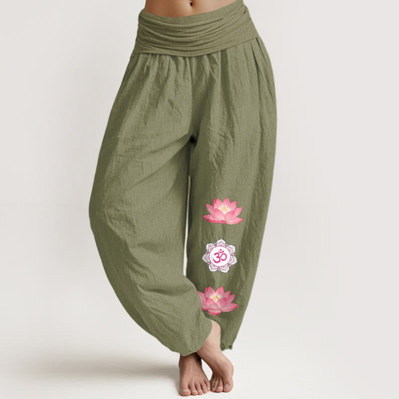Nimara Ritual Cotton Om Lotus Flower Pattern Women's Elastic Waist Harem Pants