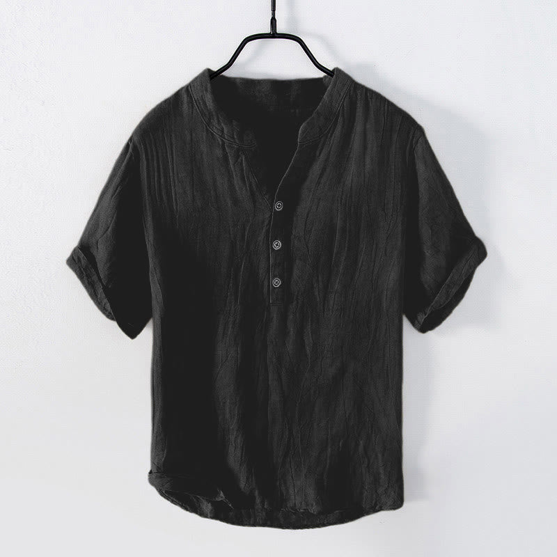 Nimara Ritual Solid Color Short Sleeve Half Button Shirt Cotton Linen Men Clothing