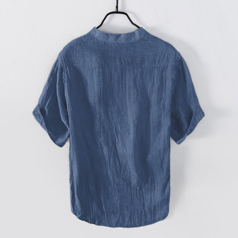 Nimara Ritual Solid Color Short Sleeve Half Button Shirt Cotton Linen Men Clothing