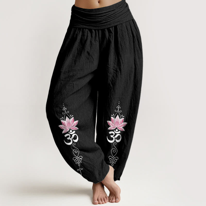 Nimara Ritual Cotton OM Sanskrit Design Lotus Flower Pattern Women's Elastic Waist Harem Pants