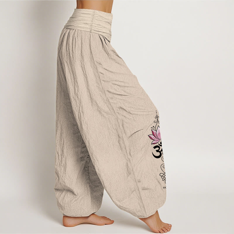 Nimara Ritual Cotton OM Sanskrit Design Lotus Flower Pattern Women's Elastic Waist Harem Pants