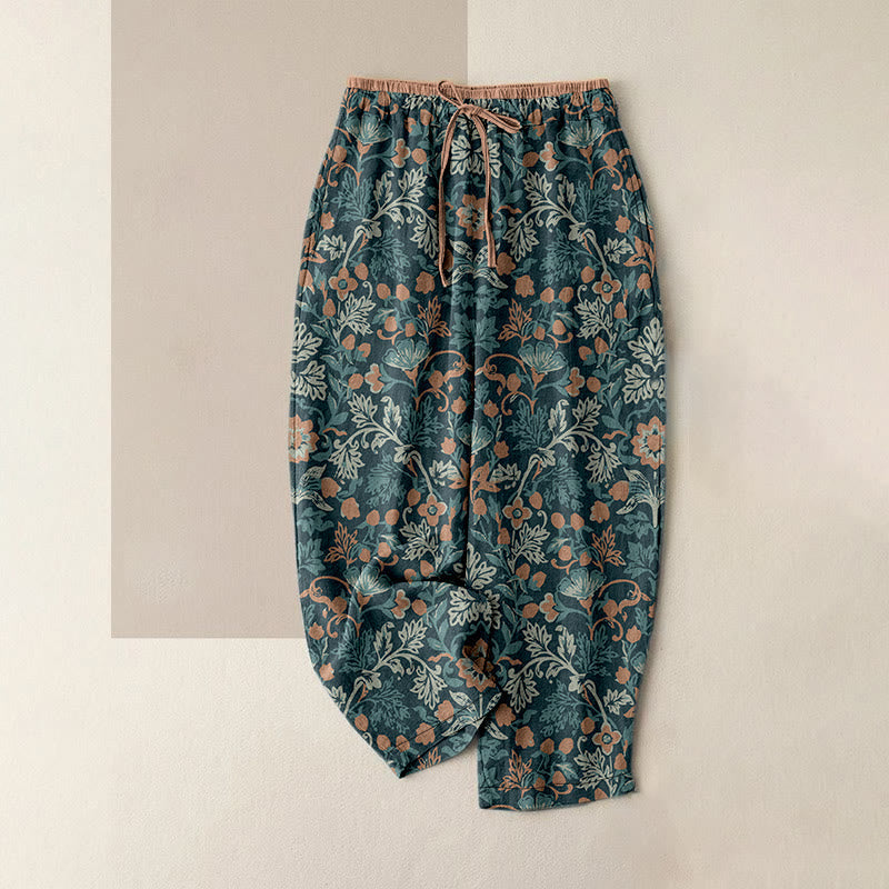 Nimara Ritual Cotton Casual Flower Vine Leaves Pattern Women's Elastic Waist Pants With Pockets