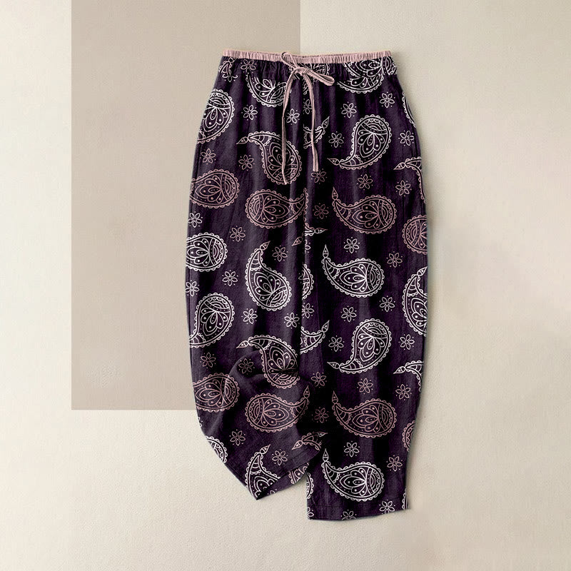 Nimara Ritual Pure Cotton Elegant Paisley Pattern Women's Elastic Waist Pants With Pockets