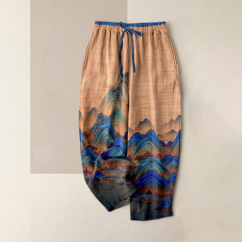 Nimara Ritual Pure Cotton Natural Landscape Pattern Women's Elastic Waist Pants With Pockets